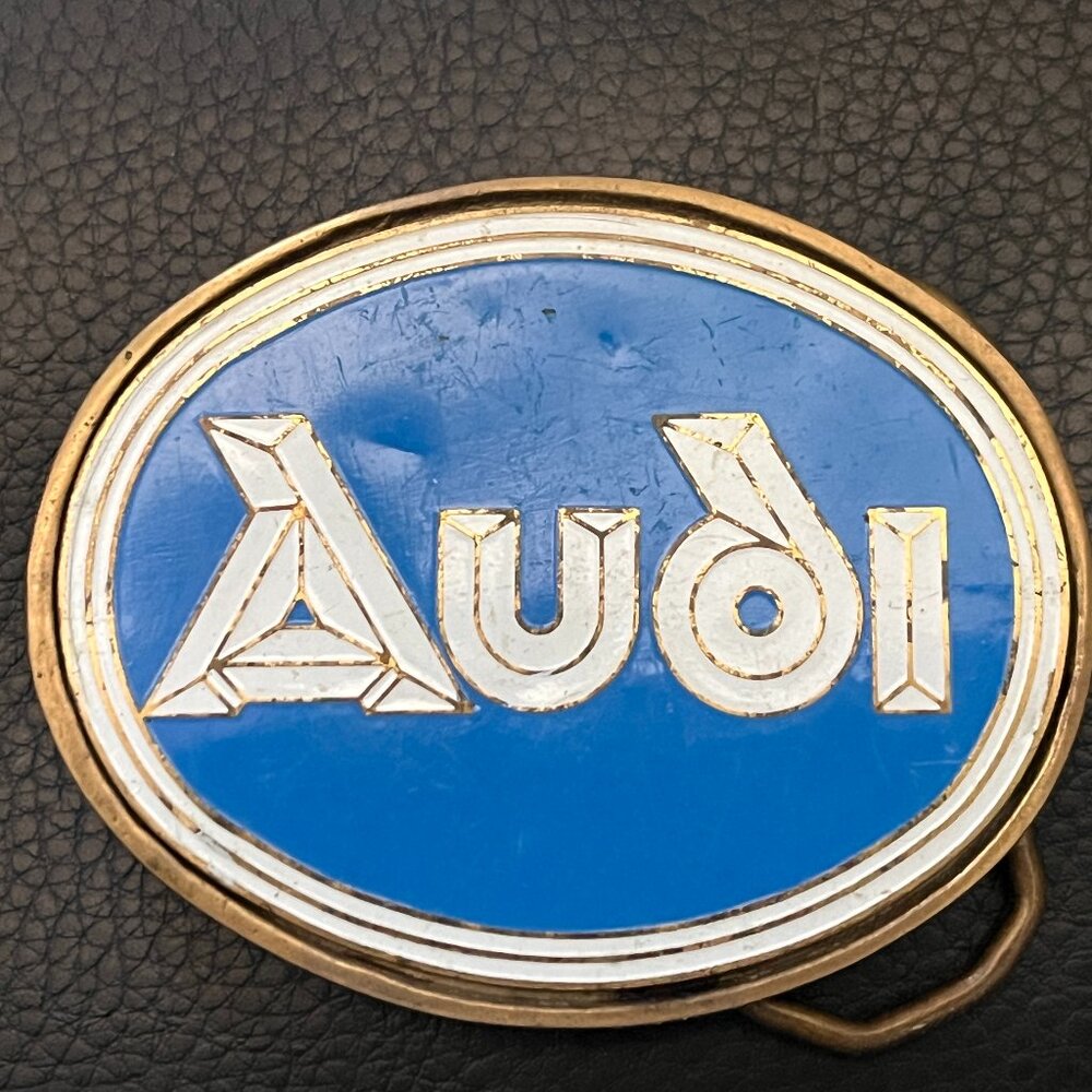 Vintage Audi Brass Belt Buckle Blue & White Logo